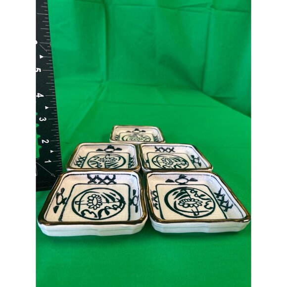 Set Of 5 Square Ceramic Dishes With Blue Floral Design & Gold Trim - Picture 2 of 2